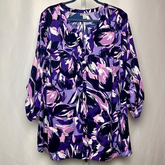 Catherines Tops - Catherines Womenʻs Plus Size Purple | Pink 3/4 Sleeve Button Down Blouse 1X